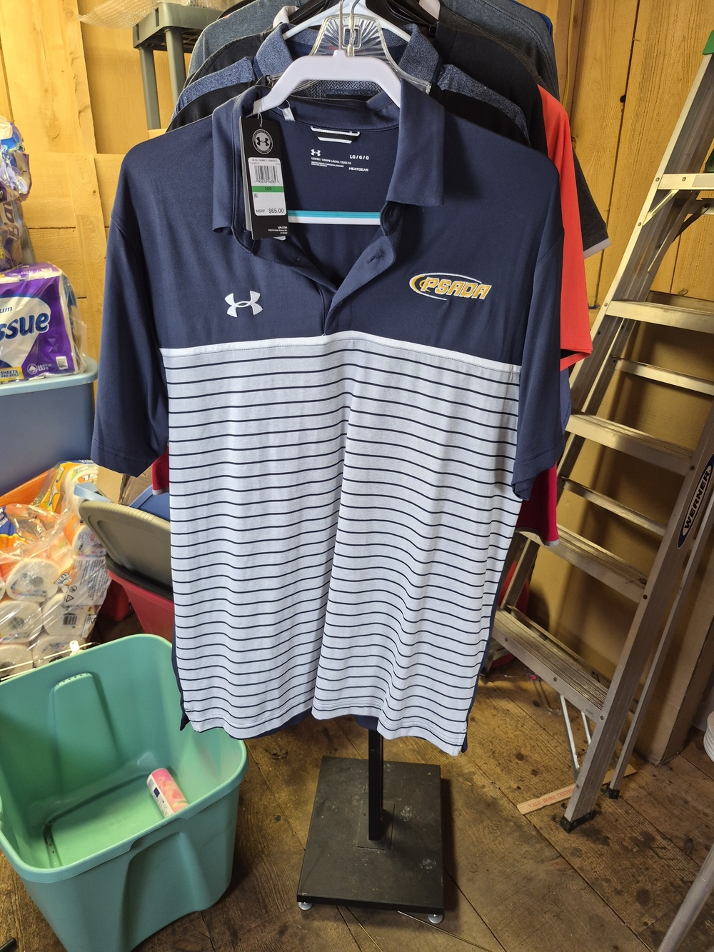 Under Armour Men’s Navy and White Striped Polo with Psadia Logo Bin 61